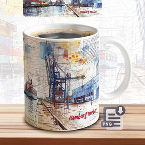 May include: A white ceramic mug with a colorful illustration of a harbor scene. The illustration features a crane, ships, and buildings. The text "Hamburg Harbor" is printed on the mug.