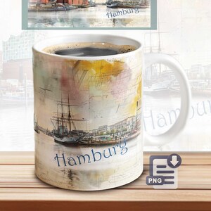 May include: White ceramic mug with a watercolor design of a ship in a harbor with the word "Hamburg" printed on the mug. The background is a watercolor wash of blue, yellow, and pink.