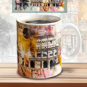 May include: White ceramic mug with a colorful design featuring the Colosseum in Rome, Italy. The design includes a mix of watercolor and collage elements, with a vintage feel. The mug is filled with coffee.