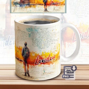 London Mug Sublimation Design – Cities Print Template | PNG Download File | Coffee Mug Sublimation File | England Mug Cover
