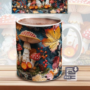 Peut inclure: Mug en céramique blanche avec un motif de champignons, de feuilles d'automne et de baies. La tasse a une anse blanche et contient une boisson brun foncé. Le design comprend le texte "Digital Mug Wrap PNG".