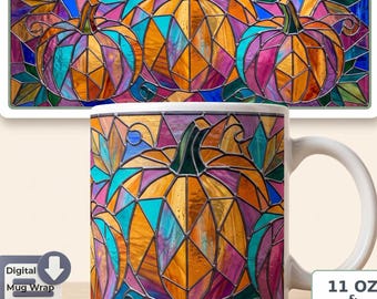 Stained Glass Pumpkin Mug Sublimation PNG | Geometric Mosaic, Colorful Pumpkins, Digital Download for 11 OZ and 15 OZ Mug