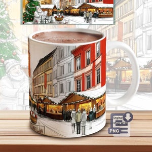 Könnte beinhalten: Weiße Keramiktasse mit einer festlichen Weihnachtsmarktszene mit Gebäuden, Ständen und Menschen. Die Tasse ist mit einer dunkelbraunen Flüssigkeit gefüllt. Ein digitales Tassen-Wrap-PNG ist enthalten.