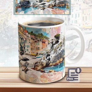 May include: White ceramic coffee mug with a colorful image of a seaside town with the text "Cinque Terre" printed on the side. The image is a watercolor style painting of colorful buildings on a cliffside overlooking the ocean.