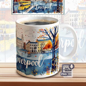 May include: A white ceramic mug with a watercolor design of a city street scene in autumn. The mug features buildings, trees, and a bus. The text "Liverpool" is written on the mug.