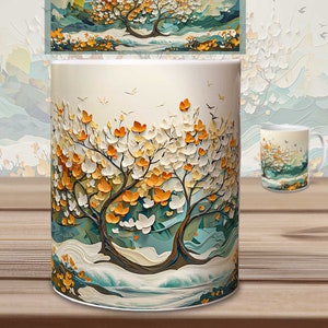 3D Tree of Life Mug Wrap – Japandi Style | PNG Sublimation Design for 11 & 15 OZ Mugs | Coffee Cup Print File