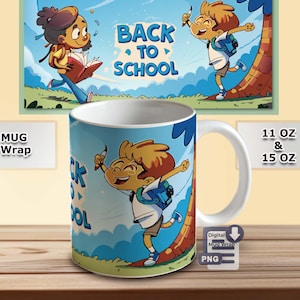 Sublimation Mug Design – Back to School Comic Style for Boys – PNG Wrap for 11oz & 15oz – Digital Download