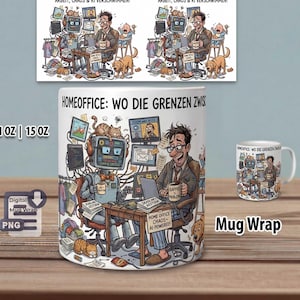 Peut inclure: Une tasse en céramique blanche avec une illustration de dessin animé représentant une scène de bureau à domicile chaotique. La tasse affiche le texte "HOMEOFFICE: WO DIE GRENZEN ZWISCHEN ARBEIT, CHAOS & KI VERSCHWIMMEN!" et est étiquetée 312 ml et 425 ml.