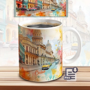 May include: A white ceramic mug with a colorful watercolor design of a street scene in Havana, Cuba. The mug features buildings, cars, and the text "Cuba".
