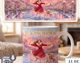 Ice Skating Mug Sublimation PNG | Watercolor Winter Postcard, Skater Dog Design, Digital Download for 11 OZ and 15 OZ Mug