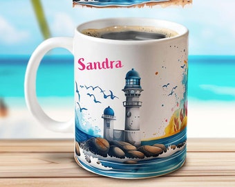 Personalized Sublimation File – Lighthouse Summer Design | 11 OZ, 15 OZ Mug PNG Template – Coffee Cup Wrap File