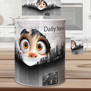 3D grappig gezicht mokken sublimatie afdruksjabloon - gat in krantenmotief | Sublimatie ontwerp downloadbestand | 11 OZ- en 15 OZ-sjablonen