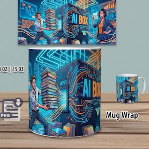 May include: A white ceramic mug with a wrap-around design featuring a futuristic AI Box illustration. The design includes a man carrying books labeled "INPUT" and a woman holding a sign. The mug is available in 11 oz and 15 oz sizes.