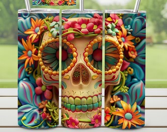 Design per sublimazione di bicchieri senza cuciture | Motivo a teschio hippy | Modello di stampa per bicchieri sottili a forma di teschio | File per sublimazione di bicchieri estivi da 20 once