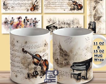 Bundle: 5 Vintage Music Mug Sublimation Designs | PNG Wraps for 11 OZ & 15 OZ | Piano, Violin, Notes, Musicians | Digital Download Set