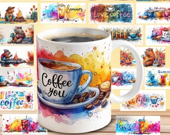 Watercolor Coffee Mug Sublimation Bundle – 20 PNG Designs for 11 & 15 oz Cups – Instant Digital Download