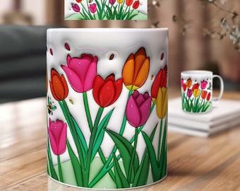 Tulip 3D Mug Sublimation Design with Butterfly – Inflatable Spring Motif | PNG Print Template as a Downloadable File for Coffee Mugs