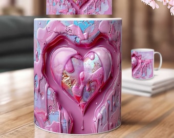 Plantilla de impresión por sublimación de tazas de corazón 3D | Descargar PNG | Taza de café del día de la madre Sobre de la taza | Motivo de agujero en la pared - diseño de sublimación