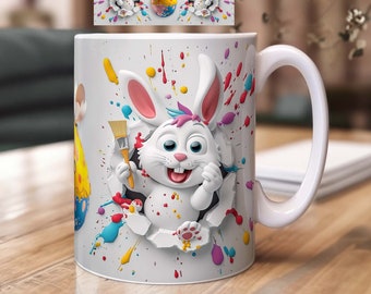 3D Tassen Sublimation Design mit Osterhase und Osterei – Loch in Wand Motiv mit Osterhase | PNG Sublimation Druckvorlagen Download