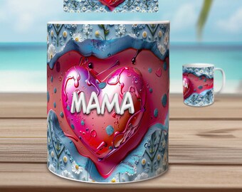 Mama Mug Wrap Sublimation Design with 3D Heart & Flowers | PNG Download | Mother’s Day Coffee Mug Template