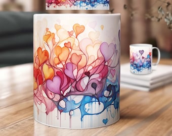 Sublimation Design für Tassen – Aquarell Herzen im Vintage Stil | Farbenfrohe Valentins Druckvorlage für Kaffeebecher als Download-Datei