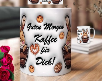 3D mug design with bunny – inflated design | PNG sublimation print templates download for coffee mugs – Good morning coffee for you