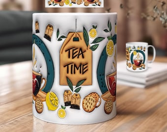 Tea Time Mug Wrap Sublimation – 3D Puffy Teacup PNG Design – 11 oz & 15 oz Instant Download