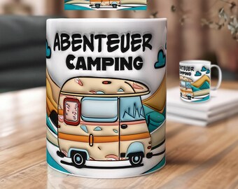 Mug design with camper – inflated design | PNG sublimation print template as download for coffee mugs – adventure camping saying