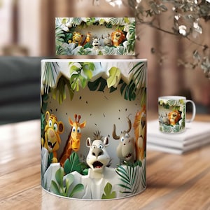 Dschungel 3D Tassen Sublimation Design mit Tieren – Loch in der Wand Motiv | PNG Druckvorlagen Download | Sublimation Geschenk für Kinder
