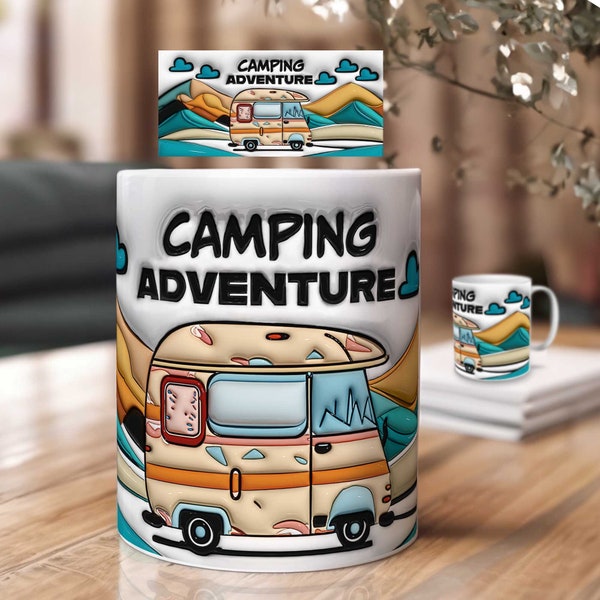 Tassen Druckvorlage mit Camper – Aufgeblasenes Design | PNG Sublimation als Download – Spruch Camping Adventure | Geschenk für Camper