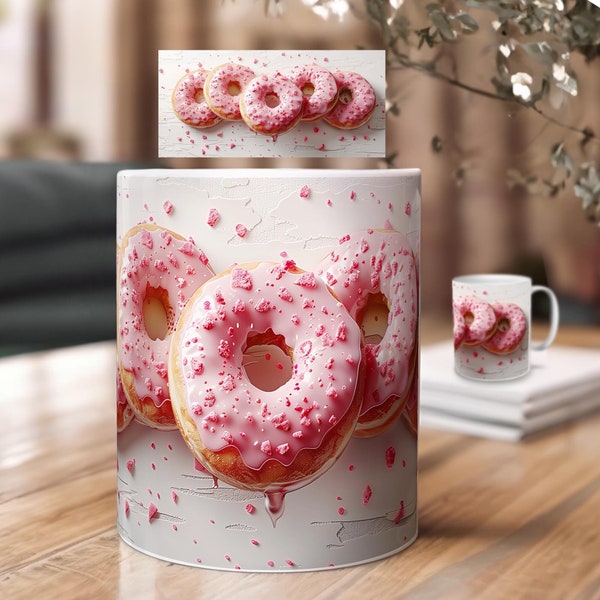 3D Tassen Sublimation Design mit Pink Donuts | PNG Druckvorlagen Download | Geschenk Sie, Geschenk Freundin – Genuss ohne Reue Becher Motiv