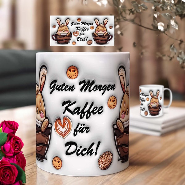 3D Tassen Design mit Hase – Aufgeblasenes Design | PNG Sublimation Druckvorlagen Download für Kaffeebecher – Guten Morgen Kaffee für Dich