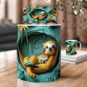 3D Tassen Sublimation Design mit Faultier Mama – Loch in der Wand Motiv | PNG Druckvorlagen Download | Geschenk Mama, Geschenk Papa