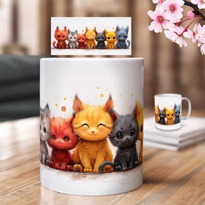 Cat Mug Design – Sublimation Print Template – Watercolor Motif | 11 OZ, 15 OZ PNG Download File Coffee Mug Sublimation File