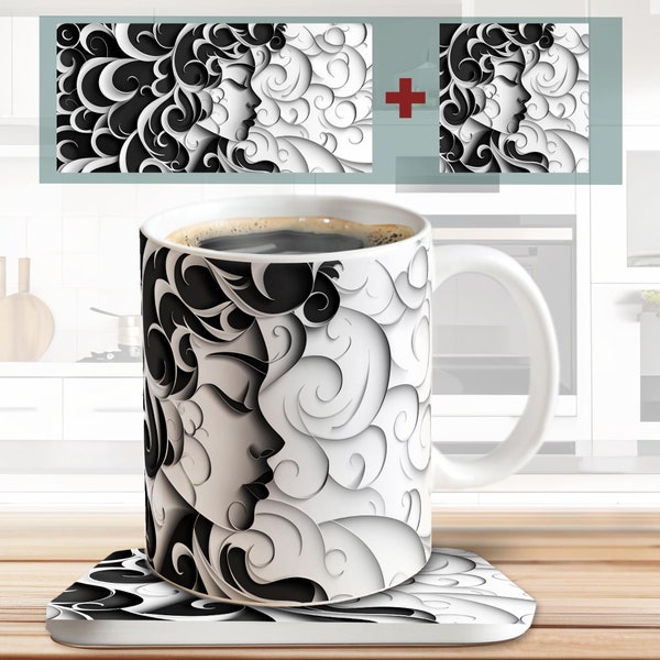 3D Papierschnitt Tassen Sublimation Druckvorlage + Bonus Untersetzer 4 OZ Vorlage – Frauen Silhouetten Motiv | Sublimationsdesign | Mug Wrap