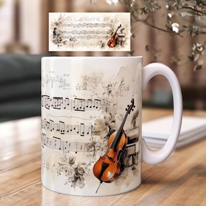Design de canecas para sublimação | Design de sublimação para violoncelo |  Design de caneca de música | Canecas de 15 onças e 11 onças PNG | Estilo vintage