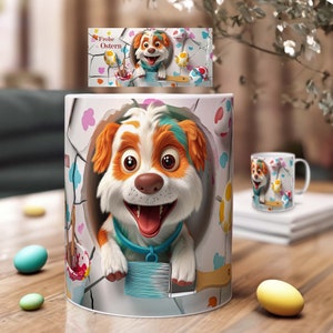 3D Tassen Sublimation Design mit Hund und Ostereiern – Loch in Wand Motiv mit Farbpinsel | PNG Sublimation Druckvorlage | Frohe Ostern