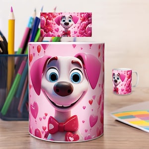 Pink Dog with Heart Balloons Sublimation Mug Design – PNG Print Templates Download for Coffee Mugs – Pet Lover Gift