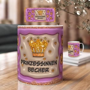May include: A purple mug with a gold glitter crown and the text "Prinzessinnen Becher" on a white background. The mug has a glittery finish.