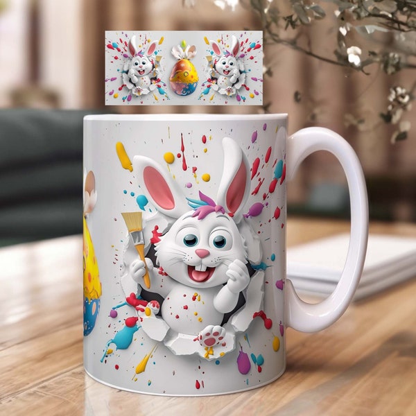 3D mugs sublimation design with Easter bunny and Easter egg - hole in wall motif with Easter bunny | PNG sublimation print templates download