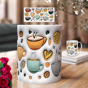 Diseño de taza por sublimación 3D – Diseño inflado | Descarga de plantillas de impresión de sublimación PNG ? Motivo de taza de café para tazas de 11 OZ y 15 OZ