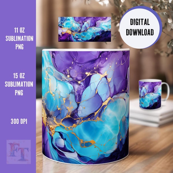 Mugs Sublimation Print Template | Turquoise, purple, gold | Marble look cup motif | 11 OZ and 15 OZ Coffee Mug Template Download File