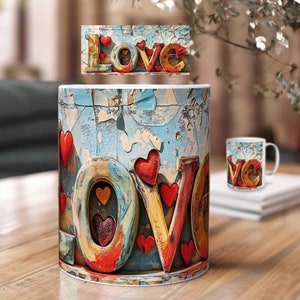 Diseño de Sublimación de Amor 3D para Tazas – Letras de Madera Estilo Vintage – Idea de Regalo con Corazones – Descargar Plantilla de Impresión PNG con Corazones