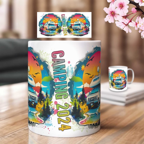 Camping 2024 Mugs Sublimation Design Print Template – Motorhome Motif | 11 OZ, 15 OZ PNG download file for coffee mugs with camper template