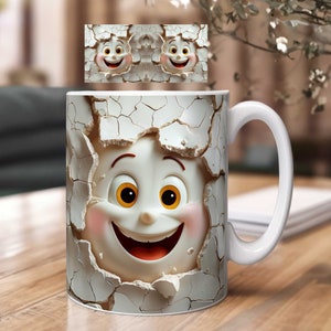 3D Tassen Sublimation Design – Lachendes Gesicht – Loch in Wand Motiv | PNG Sublimation Druckvorlage als Download | Kaffeetassen Geschenk