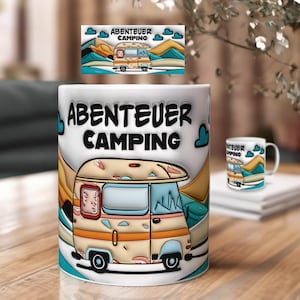 Mug design with camper – inflated design | PNG sublimation print template as download for coffee mugs – adventure camping saying