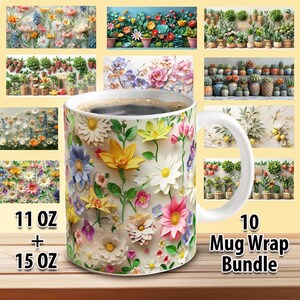 May include: A bundle of 10 mug wraps featuring a floral design with colorful paper flowers on a white background. The bundle includes 11 oz and 15 oz mug wraps.