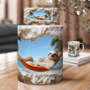 3D Tassen Sublimation Druckvorlage mit Faultier Relax – Loch in der Wand Motiv | PNG Downloaddatei | Geschenk Ruhestand