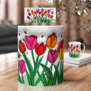 Tulip 3D Mug Sublimation Design with Butterfly – Inflatable Spring Motif | PNG Print Template as a Downloadable File for Coffee Mugs