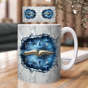 May include: White ceramic mug with a design of a cracked wall revealing a blue starry sky with a book and blue wizard hats. The book is open and has a golden spine.